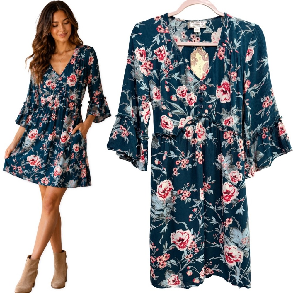 Band of Gypsies Floral Mini Dress Teal Sz Medium Bell Sleeve V-Neck Pockets Boho